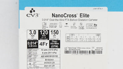 EV3 AB14W030120150 NanoCross Elite 0.014inch OTW PTA Cath. 3.0x120mmx150cm (x)